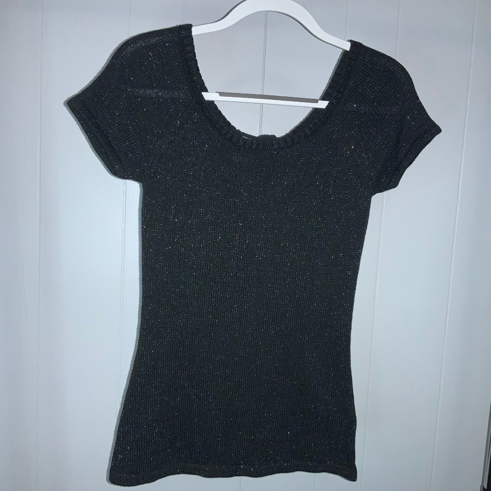 Banana Republic cotton blend tie back knit top Sz XS metallic thread scoop neck